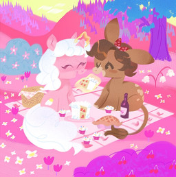 accessory basket bedding blanket bottle brown_body brown_hair cake cherry container cupcake cutie_mark dessert duo eyelashes eyes_closed female feral flower food fruit hair hair_accessory holidays horn magic markings one_eye_closed pastry picnic picnic_basket pie pink_body plant spots spotted_markings tree white_hair shgrcube hasbro my_little_pony mythology valentine's_day choux_(ponopyyy) fan_character sugarcube_bundle asinus donkey equid equine mammal mythological_creature mythological_equine unicorn