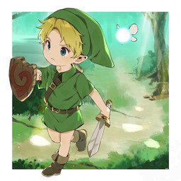 blonde_hair blue_eyes boots clothed clothing duo footwear hair hat headgear headwear humanoid_pointy_ears male melee_weapon not_furry pointy_ears shield shirt shoes sword topwear tunic weapon young thebrushking nintendo ocarina_of_time the_legend_of_zelda navi young_link fairy humanoid hylian 1:1 2020 hi_res