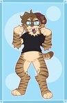 anthro beanie bottomless brown_body brown_fur clothed clothing digitigrade eyebrows eyewear fangs fur glasses hat headgear headwear inner_ear_fluff looking_at_viewer male open_mouth sabertooth_(anatomy) shirt solo striped_body striped_fur stripes teeth topwear tuft whiskers thatpinkwitch1 saberspark saberspark_(character) felid mammal prehistoric_species saber-toothed_tiger 2023 hi_res