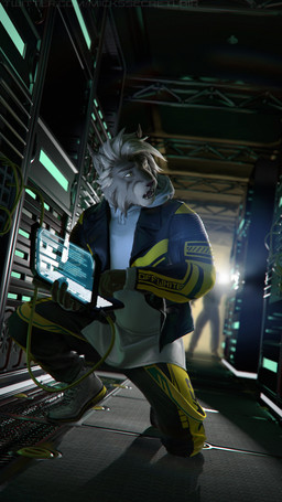 anthro bondage_pants bottomwear clothing computer cyberpunk electronics fur futuristic grey_body grey_fur hologram jacket male open_mouth pants plantigrade server solo streetwear techwear text topwear white_body white_fur mickey_the_retriever franco_(offwhitelynx) felid feline lynx mammal 4k 9:16 absurd_res english_text hi_res russian_text translation_check translation_request