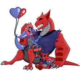 anthro blue_body blush bottomwear clothing doll duo female hair heart_symbol holidays jacket male purple_eyes red_body red_hair shirt shorts tail tapering_tail thick_tail topwear tibbs mythology valentine's_day baku_(tibbs) star_(tibbs) dragon kobold mythological_creature mythological_scalie scalie 1:1