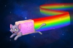 ambiguous_gender feral food green_eyes looking_back open_mouth pink_nose quadruped rainbow rainbow_trail smile solo space tail chelsea_brown nyan_cat_(copyright) pop-tarts nyan_cat domestic_cat felid feline felis food_creature hybrid mammal poptart_creature 2011 hi_res meme