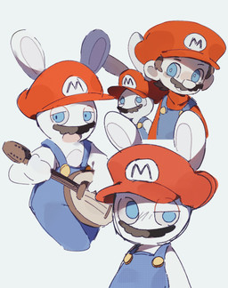 anthro arms_bent black_facial_hair black_mustache blue_clothing blue_eyes blue_line_art blue_overalls blush brown_hair button_(fastener) closed_smile clothed clothed_anthro clothed_human clothed_male clothing content derp_eyes duo eyebrows facial_hair fully_clothed fully_clothed_human fully_clothed_male fur hair hat headgear headwear larger_human larger_male lidded_eyes light long_ears looking_at_viewer looking_up lute male male_anthro male_human mandolin mitten_hands mouth_closed mouthless multicolored_body musical_instrument mustache no_pupils noseless open_mouth overalls pale_skin pink_tongue playing_mandolin playing_music plucked_string_instrument pupils red_clothing red_hat red_headwear red_shirt red_topwear shirt shirtless_anthro shirtless_male short_hair simple_background size_difference smaller_anthro smaller_male smile standing string_instrument tan_body tan_inner_ear tan_skin tongue topwear two_tone_body white_background white_body white_fur white_pupils renballball mario_bros mario_plus_rabbids_kingdom_battle nintendo raving_rabbids rayman_(series) ubisoft mario rabbid_mario human lagomorph mammal rabbid 2026 colored colored_line_art crossover digital_drawing_(artwork) digital_media_(artwork) hi_res lighting multiple_images shaded