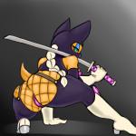 anthro big_butt butt cat_costume clothing costume female fishnet_clothing hair looking_at_viewer melee_weapon ninja panties simple_background solo sword thick_thighs underwear warrior weapon blackbetty omegasunburst sega sonic_the_hedgehog_(series) rouge_the_bat bat mammal 1:1