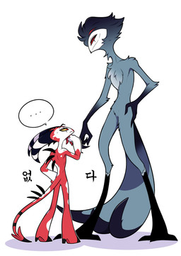 4_eyes anthro back_spikes beak big_horn bodily_fluids chest_tuft duo feathers feet femboy grey_body hand_on_hip horn looking_at_another looking_at_partner male male/male multi_eye multicolored_body nude red_body red_eyes red_skin size_difference smile spade_tail speech_bubble spiked_tail spikes spikes_(anatomy) standing sweat tail talons text toes tuft white_body white_face white_skin yellow_sclera paldobeobe59670 hellaverse helluva_boss blitzo_(helluva_boss) stolas_(helluva_boss) avian bird demon humanoid imp owl owl_demon absurd_res hi_res korean_text translated