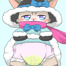 anthro blue_eyes bodily_fluids bow_tie clothed clothing clothing_lift diaper dress dress_lift female fur genital_fluids hat headgear headwear looking_away scarf shy solo standing unclean_diaper urine used_diaper wearing_diaper wet_diaper wetness_indicator wetting tomukemono cat_busters mafumofu_(cat_busters) domestic_cat felid feline felis mammal 1:1