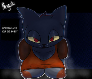 anthro areola big_breasts black_body black_fur breasts cleavage clothed clothing clothing_lift female fur hair looking_at_viewer musk nipples orange_clothing orange_shirt orange_topwear presenting presenting_breasts raised_clothing raised_shirt raised_topwear red_eyes red_hair shirt shirt_lift solo talking_to_viewer text topwear neyusleep night_in_the_woods mae_borowski domestic_cat felid feline felis mammal absurd_res english_text hi_res
