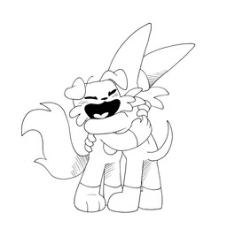 3_toes 4_fingers big_ears cheek_tuft duo eyes_closed facial_tuft feet fingers floppy_ears fluffy fluffy_tail hug open_mouth pointed_tail standing tail toes tuft pachi_rizuu mob_entertainment poppy_playtime smiling_critters catnip_(pachi_rizuu) dogdaze_(pachi_rizuu) full-length_portrait monochrome portrait