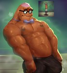 anthro bald barazoku big_bulge bodily_fluids bow_tie bulge clothed clothing detailed_bulge erection erection_under_clothing excessive_sweat eyewear glasses leaning leaning_backward looking_at_bulge male muscular muscular_male musk musk_clouds nerd nipples pecs solo straining sweat sweaty_abs tenting topless huzzhuz nickelodeon spongebob_squarepants octavius_rex anchovy fish marine hi_res reference_image