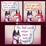 1:1 border canid canine comic dialogue duo english_text felid feline fox fur glassshine hi_res holding_object hubert_(glassshine) mammal pencil_(object) red_body red_border red_fur simple_background simple_eyes steve_(glassshine) text white_body white_fur