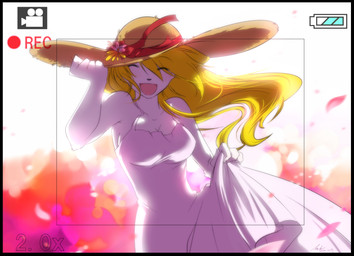 anthro black_border blonde_hair border breasts camera camera_view cherry_blossom cleavage clothed clothing dress eyes_closed female flower fur hair hat headgear headwear open_mouth plant prunus_(flower) recording solo white_body white_fur kubikitsune kubikitsune_(character) canid canine fox mammal