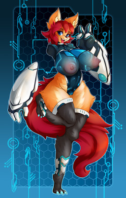 amputee anthro areola big_breasts bodysuit breasts clothing cybernetics disability female fur genitals huge_breasts machine nipples open_mouth skinsuit smile solo tight_clothing tongue tongue_out translucent translucent_clothing vulva wide_hips azura_inalis ava_(azura_inalis) canid canine fox mammal 2018 absurd_res hi_res