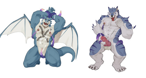 animal_genitalia animal_penis anthro athletic blue_body bodily_fluids bound canine_genitalia canine_penis cum cum_on_abs cum_on_arm duo ejaculation erection front_view genital_fluids genitals hand_on_pecs hands_above_head hands_tied kneeling looking_pleasured male male/male masturbation muscular muscular_male nipple_piercing nipple_ring nipples open_mouth penile penile_masturbation penis piercing ring_piercing scar simple_background slit_play standing struggling tentacle_around_arm tentacles tongue tongue_out white_background wings munax_od bandai_namco digimon digimon_(species) exveemon weregarurumon hi_res