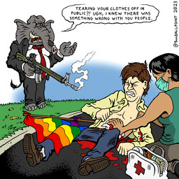 5_fingers ambiguous_gender anthro ar-15 assault_rifle black_clothing black_hair blood blood_from_wound bodily_fluids bottomwear brown_hair clothed clothing denim denim_bottomwear denim_clothing dialogue exposed_chest fingers first_aid_kit fist grey_body grey_ears group gun gunshot gunshot_wound hair holding_gun holding_object holding_ranged_weapon holding_weapon jeans lgbt_pride male mask medical_instrument open_mouth outside pain pants political_cartoon politics pride_color_flag pride_colors ranged_weapon rifle scientific_instrument speech_bubble street suit_and_tie text trio violence weapon wounded 9mmballpoint republican_party_(usa) republican_elephant elephant elephantid human mammal proboscidean 1:1 2023 digital_drawing_(artwork) digital_media_(artwork) english_text