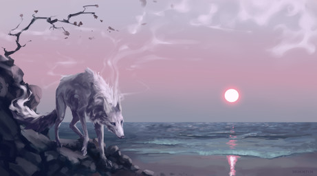 black_nose blue_eyes cloud day feral fur outside quadruped shore sky solo standing sun water white_body white_fur demortum canid canine canis mammal wolf 2018 digital_media_(artwork) hi_res