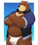 anthro asian_clothing belly black_nose blue_background body_hair brown_body brown_fur bulge chest_markings clothing crossed_arms east_asian_clothing facial_markings fundoshi fur happy_trail head_markings humanoid_hands jacket japanese_clothing male markings multicolored_body multicolored_fur musclegut muscular muzzle_(marking) navel overweight overweight_anthro overweight_male simple_background snout snout_markings solo tan_body tan_fur topwear two_tone_body two_tone_fur underwear white_background white_clothing white_fundoshi white_underwear o-ro morenatsu juuichi_mikazuki bear mammal 2020 5:6 half-length_portrait hi_res portrait