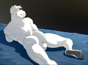 anthro aroused balls bed bedroom_eyes black_border blue_eyes border bulge butt fluffy furniture genitals looking_at_viewer lying male narrowed_eyes nude on_bed seductive solo thick_thighs nikrebelis harleo bear mammal polar_bear ursine hi_res