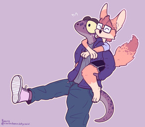 ^_^ ambiguous_gender anthro big_pupils blue_bottomwear blue_clothing blue_jeans blue_pants blue_shirt blue_t-shirt blue_topwear bodily_fluids bottomwear carrying_another clothed clothing denim denim_bottomwear denim_clothing dilated_pupils duo eyes_closed eyewear fluffy fluffy_tail flying_sweatdrops footwear glasses grey_clothing grey_shirt grey_t-shirt grey_topwear hoodie jeans male open_clothing open_topwear pants piggyback pink_clothing pink_footwear pink_shoes pupils purple_clothing purple_hoodie purple_topwear shirt shoes smile sweat sweatdrop t-shirt tail text topwear wearing_glasses beenz archie_(beenz) seb_(beenz) canid canine fox gecko lizard mammal reptile scalie 2025 artist_name digital_drawing_(artwork) digital_media_(artwork) hi_res nonbinary_(lore) trans_(lore) trans_man_(lore)