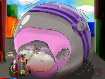 air_from_mouth air_inflation air_tank anthro belly belly_expansion big_belly big_breasts big_butt black_eyebrows black_nose blue_clothing blue_hat blue_headwear blue_sky blush body_inflation bottomwear breast_expansion breasts butt butt_expansion clothing cloud dialogue duo expansion eyebrows eyelashes eyes_closed eyewear female green_clothing green_eyes green_shirt green_topwear grey_body grey_ears grey_tail hat headgear headwear hose hose_in_mouth hose_inflation huge_belly huge_breasts huge_butt hyper hyper_belly hyper_breasts hyper_butt hyper_inflation immobile inflation logo lying male monobutt motion_lines multicolored_body on_front open_mouth open_smile orange_body orange_ears orange_tail outside pants pattern_bottomwear pattern_clothing pattern_pants pink_clothing pink_inner_ear pink_nose pink_shirt pink_topwear puffed_cheeks purple_bottomwear purple_clothing purple_eyewear purple_pants purple_sunglasses red_mouth red_tongue scut_tail sharp_teeth shirt short_tail sky smile spherical_inflation standing sunglasses swelling tail tan_body tan_bottomwear tan_clothing tan_inner_ear tan_pants teeth text text_on_clothing tight_clothing tongue topwear two_tone_body toberrypaws disney zootopia judy_hopps nick_wilde canid canine fox lagomorph leporid mammal rabbit 2025 absurd_res artist_logo artist_name colored digital_media_(artwork) english_text hi_res shaded