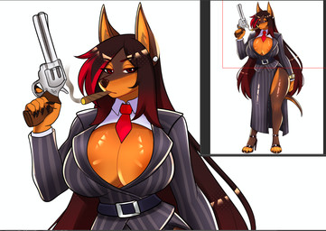 anthro areola areola_slip boss clock clothing female footwear gun hair high_heels long_hair looking_at_viewer mafia piercing ranged_weapon shoes solo suit watch weapon revkoen canid canine canis dobermann domestic_dog mammal pinscher