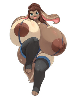 anthro areola big_breasts breasts brown_body brown_fur brown_hair clothed clothing female fur hair hand_on_breast huge_breasts hyper hyper_breasts legwear nipples open_mouth simple_background skimpy solo thigh_highs white_background inake lagomorph leporid mammal rabbit 3:4 absurd_res character_request digital_media_(artwork) hi_res