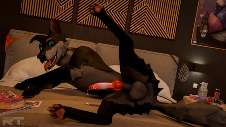 anatomically_correct anatomically_correct_genitalia anatomically_correct_penis animal_genitalia animal_penis anus aroused balls bed bedroom bodily_fluids canine_genitalia canine_penis detailed_background erection feral fur furniture genital_fluids genitals inside knot knotted_penis looking_at_viewer lying male male_feral on_bed pawpads paws penis precum precum_on_bed sheath solo tail teeth tongue raytross kaerfflow_(modeler) zealotdkd_(modeler) canid canine canis domestic_dog mammal 16:9 2026 3d_(artwork) 4k absurd_res blender_(artwork) blender_cycles_(artwork) digital_media_(artwork) hi_res watermark widescreen