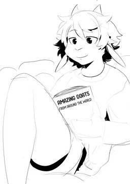 2_horns anthro black_eyes book bottomwear clothing fur hair holding_book holding_object horn male narrowed_eyes reading reading_book shorts simple_background sitting smile solo sweater text topwear white_background twang milo_(twang) bovid caprine goat mammal 2025 english_text hi_res sketch