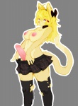 ahoge anthro areola blonde_hair bottomwear bottomwear_pull breasts clothing clothing_pull collar erection fur genitals grey_background gynomorph hair humanoid_genitalia humanoid_penis intersex legwear looking_at_viewer open_mouth penis presenting presenting_penis simple_background skirt skirt_pull solo stockings yellow_body yellow_fur seyferwolf mitzi_(seyferwolf) domestic_cat felid feline felis mammal digital_media_(artwork) shaded