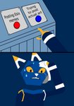 ambiguous_gender anthro bodily_fluids looking_down mascot pushbutton simple_background solo sweat text redcrystal daily_struggle e621 sweating_towel_guy esix felid mammal absurd_res hi_res lineless meme