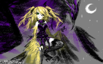 3_fingers 3_fingers_gloves 3_toes accessory alternate_species avian_feet avian_hands beak belt black_body black_clothing black_dress black_feathers blonde_hair bow_ribbon clothing crescent_moon dress duo ear_piercing ear_ring eye_patch eyewear facial_tuft fangs feather_hair feathers feet female feral fingers green_eyes grey_background hair hair_accessory hair_over_eye hair_ribbon long_ears looking_at_viewer male monster_girl_(genre) moon nylon_stockings pale_skin piercing pigtails pseudo_hair purple_body purple_clothing purple_dress purple_feathers purple_sclera raised_leg ribbons ring_piercing simple_background sky star starry_sky tail tail_feathers talons teeth toes tuft wings yellow_body yellow_feathers yellow_sclera bracketsxxx european_mythology genshin_impact greek_mythology mihoyo mythology fischl_(genshin_impact) avian bird corvid corvus_(genus) harpy humanoid mythological_avian mythological_creature oscine passerine raven clip_studio_paint_(artwork) digital_media_(artwork) digital_painting_(artwork) hi_res painting_(artwork) signature