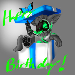 anthro armor biped birthday birthday_gift black_hand black_hands body_hair box breastplate c.a.m. chest_fur chest_hair chest_tuft container cybernetic_arm cybernetic_hand cybernetic_limb cybernetics digitigrade fingers fluffy fluffy_ears fluffy_hair fur glowing glowing_body glowing_eyes green_body green_eyes grey_body grey_fur grey_hair hair machine male metal metallic_body military neck_tuft pawpads paws prosthetic prosthetic_arm prosthetic_hand prosthetic_limb protogen_armor protogen_face protogen_visor protogenized robotic robotic_arm robotic_hand robotic_limb screen screen_face simple_background sitting smile soldier solo special_forces text tuft warrior 1~cosmicentity~1 yuri_chacal canid canine canis jackal mammal protogen 1:1 digital_drawing_(artwork) digital_media_(artwork) hi_res