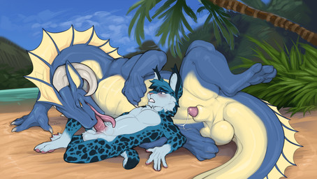 animal_genitalia anthro anthro_on_feral anthro_penetrating anthro_penetrating_feral aroused ball_size_difference balls beach bestiality black_body black_fur blue_body blue_fur blush bodily_fluids claws countershade_torso countershading cum cum_string day digitigrade duo fellatio feral feral_penetrated finger_claws fur genital_fluids genitals horn larger_feral larger_male larger_penetrated leaking_precum lipsticking long_neck lying male male/male male_anthro male_feral male_on_anthro male_on_feral male_penetrated male_penetrating male_penetrating_male markings on_back on_side open_mouth oral oral_penetration palm_tree paws penetration penile penis penis_in_mouth penis_tip plant precum purple_eyes quadruped raised_paw seaside sex sheath size_difference sky smaller_anthro smaller_male snout spots spotted_body spotted_fur tail thick_tail tongue tongue_out tongue_out_fellatio tree water inno-sjoa mythology bookermeister quo_(rubbishdragon) dragon felid feline lynx mammal mythological_creature mythological_scalie scalie 2022 hi_res