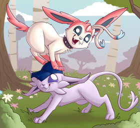 ambiguous_gender baseball_cap black_nose blue_sclera cheek_tuft clothing collar day duo facial_tuft feral forest fur grass grey_body grey_fur grin hair_bow_(anatomy) hat headgear headwear leg_markings markings open_mouth open_smile outside plant quadruped red_markings ribbons_(anatomy) side_view smile socks_(marking) spiked_collar spikes standing standing_on_another teeth tongue tree tuft white_body white_eyes white_fur fuf nintendo pokemon eeveelution espeon generation_2_pokemon generation_6_pokemon pokemon_(species) sylveon 2018 hi_res