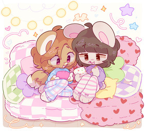 3_toes ahoge anthro blue_clothing blue_shirt blue_topwear bottomwear brown_body brown_eyes brown_fur brown_hair chibi clothing curled_tail duo eyelashes feet female fur hair happy holding_object open_mouth pants pattern_bottomwear pattern_clothing pattern_pants pillow pink_eyes purple_clothing purple_shirt purple_topwear shirt sitting striped_bottomwear striped_clothing striped_pants stripes tail toes topwear white_body white_fur louloous canid canine canis domestic_dog lagomorph leporid mammal rabbit 2026 colored colored_sketch digital_drawing_(artwork) digital_media_(artwork) hi_res shaded sketch