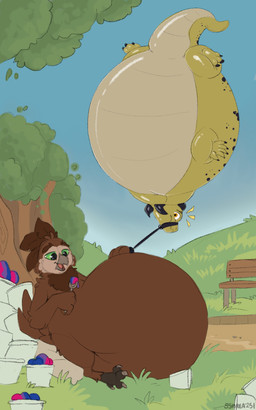 balloon belly big_belly brown_body duo feathers floating green_eyes inflatable inflation outside yellow_body symrea avian bird owl scalie 5:8 hi_res sketch