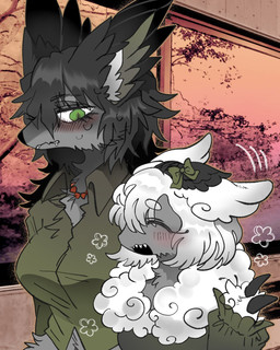 ^_^ anthro anthro_on_anthro black_ears black_hair black_nose blush blush_lines breasts clothed clothing duo eyes_closed female female/female female_anthro fur green_clothing green_eyes green_shirt green_topwear grey_body grey_fur hair inner_ear_fluff inside jewelry kemono larger_anthro larger_female long_hair looking_at_another monotone_hair necklace open_mouth open_smile photo_background predator/prey pupils sharp_teeth shirt size_difference slit_pupils smaller_anthro smaller_female smile snout standing teeth topwear tuft white_body white_ears white_fur white_hair white_inner_ear_fluff window mekkyaru bovid canid canine canis caprine mammal sheep wolf 2025 4:5 colored digital_media_(artwork) hi_res mixed_media photography_(artwork)