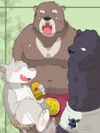 anthro belly black_body black_fur blush brown_body brown_fur bulge clothing eyes_closed fur group male overweight overweight_male tired underwear oguu0319 bear felid mammal mouse murid murine pantherine rodent 2008 3:4