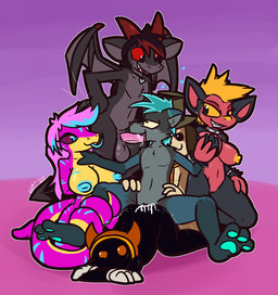 2_horns 3_toes anthro anthro_on_anthro anthro_penetrated anthro_penetrating anthro_penetrating_anthro anthro_penetrating_humanoid big_breasts bisexual black_body black_eyes black_sclera blue_body blue_eyes blue_fur blue_hair blue_nipples blue_pawpads blue_tongue blush bracelet breast_rub breasts brown_body brown_eyes brown_fur clothing collar crossed_arms doggystyle eye_roll feet female from_behind_position fur gangbang gloves grey_body grey_bracelet grey_clothing grey_collar grey_fur grey_gloves grey_handwear grin group group_sex hair handwear harem hat headgear headwear heart_symbol horn humanoid_on_anthro humanoid_penetrated interspecies jewelry looking_at_another looking_down male male/male male_penetrated male_penetrating male_penetrating_male nipples orgy pawpads penetrating_while_penetrated penetration pink_body pink_hair pink_scales purple_sclera red_body red_fur red_horn red_sclera scales sex smile smirk spiked_bracelet spikes spread_legs spreading tan_body tan_fur teal_body teal_fur teal_pawpads toes tongue top_hat white_eyes yellow_body yellow_eyes yellow_scales yellow_sclera ultilix pixile_studios super_animal_royale azazel_(blissman2020) d.d._(blissman2020) dwarf_(stardew_valley) fan_character jacob_blackberry lizzy_(blissman2020) talia_(blissman2020) bovid canid canine canis caprine demon domestic_dog goat haplorhine humanoid mammal monkey primate reptile scalie shadow_creature snake hi_res