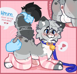 all_fours anthro anus arm_warmers armwear bell bell_collar blue_collar blue_eyes blue_leash blush bodily_fluids butt butt_grab clothed clothing collar dipstick_ears dipstick_fingers dipstick_tail dipstick_toes disembodied_hand dripping ear_markings eyewear femboy fur genital_fluids genitals glasses gold_bell grey_body hair hand_on_butt heart_eyes heart_symbol leaking_precum leash leg_warmers legwear male markings mostly_nude mostly_nude_anthro mostly_nude_male multicolored_ears pattern_armwear pattern_clothing pattern_legwear penile_spines penis pink_nose precum precum_drip raised_tail round_glasses simple_background solo spots spotted_markings striped_armwear striped_clothing striped_legwear stripes tail tail_grab tail_markings tail_pull teeth text thigh_highs tuft artistic_dot nixuelle domestic_cat egyptian_mau felid feline felis mammal 2026 absurd_res digital_media_(artwork) english_text hi_res