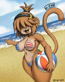 accessory american_flag_bikini anthro beach big_breasts bikini black_nose breasts brown_body brown_fur brown_hair clothing cloud ear_piercing female flag_bikini flag_swimwear front_view fur gesture hair hair_accessory hair_over_eyes hairband hand_gesture holding_beach_ball navel navel_piercing open_mouth open_smile piercing pointing sea sky smile solo swimwear thick_thighs two-piece_swimsuit water wide_hips h-fav haplorhine mammal monkey primate character_request hi_res