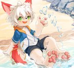 4_fingers 4_toes ahoge anthro beach black_bottomwear black_clothing black_nose black_shorts blush blush_lines bottomwear circle_eyebrows clothed clothing dipstick_ears ear_markings eyebrows feet fingers fully_clothed fur glistening glistening_eyes green_eyes hair inner_ear_fluff kemono looking_at_viewer male multicolored_body multicolored_ears multicolored_fur musical_note musical_symbol open_mouth partially_submerged pawpads pink_eyebrows pink_inner_ear pink_pawpads red_body red_fur red_tail sand seaside short_sleeve_hoodie shorts sitting solo symbol tail toes tuft two_tone_body two_tone_ears two_tone_fur two_tone_tail water wet white_body white_fur white_hair white_inner_ear_fluff white_tail young young_anthro naegi canid canine fox mammal 2022 absurd_res digital_drawing_(artwork) digital_media_(artwork) hi_res