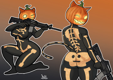 anthro big_butt breasts butt female food for_a_head front_view fruit gradient_background grey_background gun holding_gun holding_object holding_ranged_weapon holding_weapon kneeling looking_at_viewer looking_back looking_back_at_viewer one_eye_closed orange_background plant pumpkin ranged_weapon rear_view simple_background solo thick_thighs weapon wide_hips wink winking_at_viewer hoja_dp epic_games fortnite spice_(fortnite) domestic_cat felid feline felis mammal object_head absurd_res hi_res