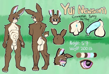animal_genitalia anthro anus backsack balls big_butt blue_anus blue_penis bodily_fluids brown_body brown_fur butt cum erection food freckles fully_sheathed fur fur_markings genital_fluids genitals heterochromia icing male markings penis sheath short_tail slightly_chubby solo tail unusual_bodily_fluids unusual_cum unusual_genital_fluids pseudokym yui_newsom lagomorph leporid mammal rabbit 2023 absurd_res clip_studio_paint_(artwork) digital_media_(artwork) hi_res model_sheet