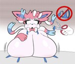 anthro big_breasts blue_eyes blush bow_(feature) bow_ribbon breast_rest breasts clothing disembodied_hand female frown fur hand_on_own_breast huge_breasts looking_at_breasts looking_at_own_breasts looking_at_self looking_down open_frown open_mouth pink_body pink_fur ribbons scissors solo wardrobe_malfunction blitzyflair nintendo pokemon eeveelution generation_6_pokemon pokemon_(species) sylveon hi_res