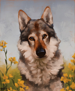 ambiguous_gender black_nose brown_markings feral flower flower_field fluffy fur grey_body grey_fur grey_sky looking_at_viewer markings multicolored_body multicolored_fur nature orange_eyes outside plant quadruped sky solo white_body white_fur yellow_flower alexpahomov canid canine canis czechoslovakian_wolfdog domestic_dog herding_dog mammal pastoral_dog sheepdog 2024 digital_media_(artwork) digital_painting_(artwork) hi_res painting_(artwork)