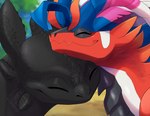 ambiguous_gender black_body black_scales blurred_background close-up daww duo eyes_closed feathers feral multicolored_body multicolored_feathers red_body red_scales scales smile snout white_body tartii dreamworks european_mythology how_to_train_your_dragon mythology nintendo pokemon toothless ancient_pokemon dragon fury_(httyd) generation_9_pokemon koraidon legendary_pokemon limited_build_koraidon mythological_creature mythological_scalie night_fury paradox_pokemon pokemon_(species) scalie western_dragon 2022 hi_res shaded watermark