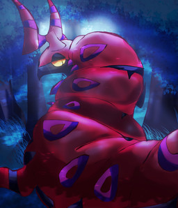 ambiguous_feral ambiguous_gender antennae_(anatomy) black_body black_eyes black_markings detailed_background feral forest grass horn leaf light markings night overweight overweight_ambiguous overweight_feral plant purple_markings red_body shadow solo tree yellow_sclera felipotyphlosion nintendo pokemon arthropod generation_5_pokemon myriapod pokemon_(species) scolipede hi_res lighting