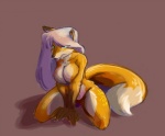 anthro big_breasts biped breasts brown_body brown_fur dipstick_ears dipstick_tail ear_markings female front_view fur grin hair kneeling long_hair markings multicolored_ears multicolored_tail nude orange_body orange_fur purple_hair simple_background smile solo tail tail_markings teal_eyes dastardlydevil canid canine fox mammal