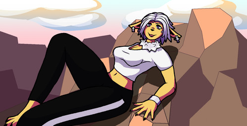 anthro bracelet breasts clothing cloud crop_top ear_piercing ears_outwards female hair jewelry lipstick lounging makeup medium_breasts mountain navel neck_tuft paws piercing pivoted_ears pokemorph rock shirt solo sunset topwear track_pants tuft white_hair yellow_body mrtea nintendo pokemon eeveelution generation_1_pokemon jolteon pokemon_(species) digital_drawing_(artwork) digital_media_(artwork) hi_res