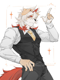 accessory anthro bottomwear clothing eyebrows fur hair horn looking_at_viewer male multicolored_body multicolored_fur necktie orange_eyebrows orange_hair orange_horn orange_tail pants shirt solo tail tan_body tan_fur topwear two_tone_body two_tone_fur vest white_body white_fur white_hair nansing0623 arknights hypergryph studio_montagne hung_(arknights) canid canine canis domestic_dog mammal 2026 3:4 hi_res